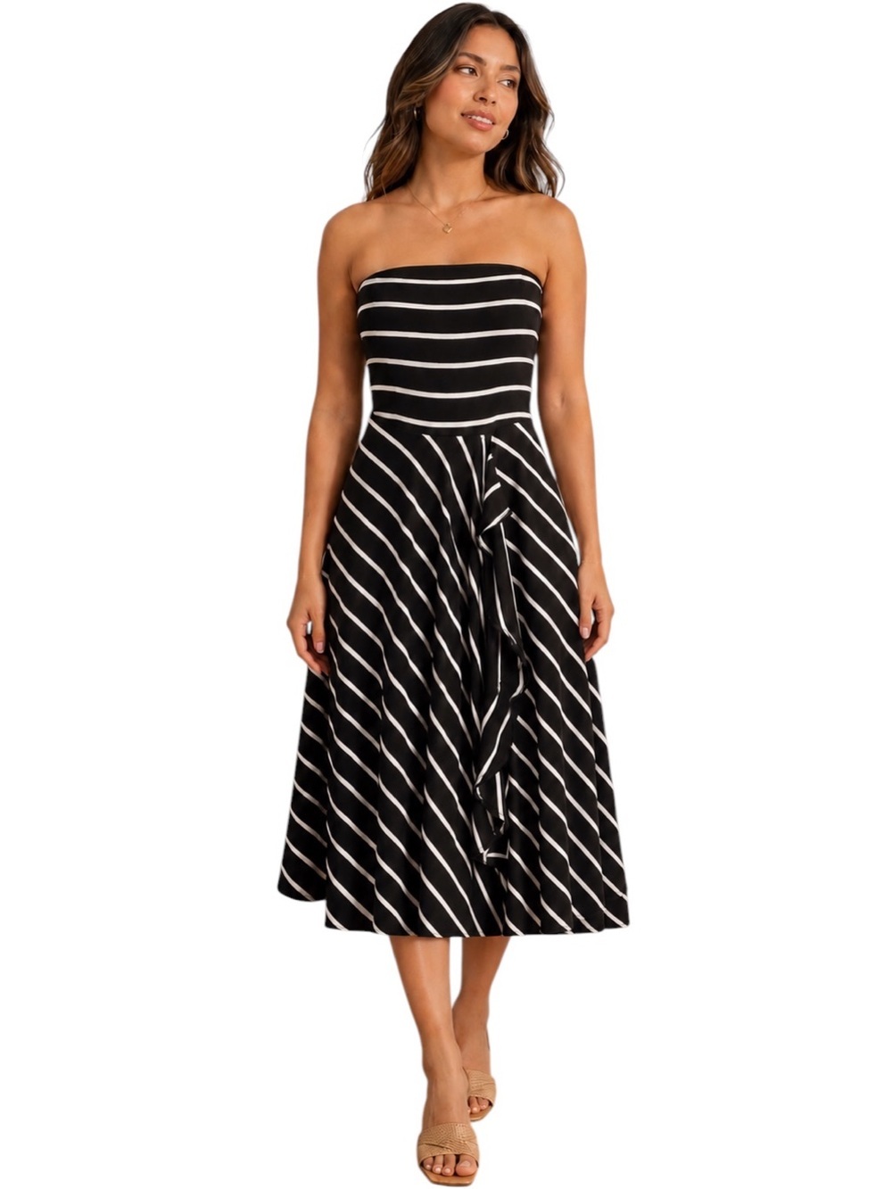 Ann Taylor Strapless Midi Dress XS Striped Ruffle Coastal Resort Quiet Luxury